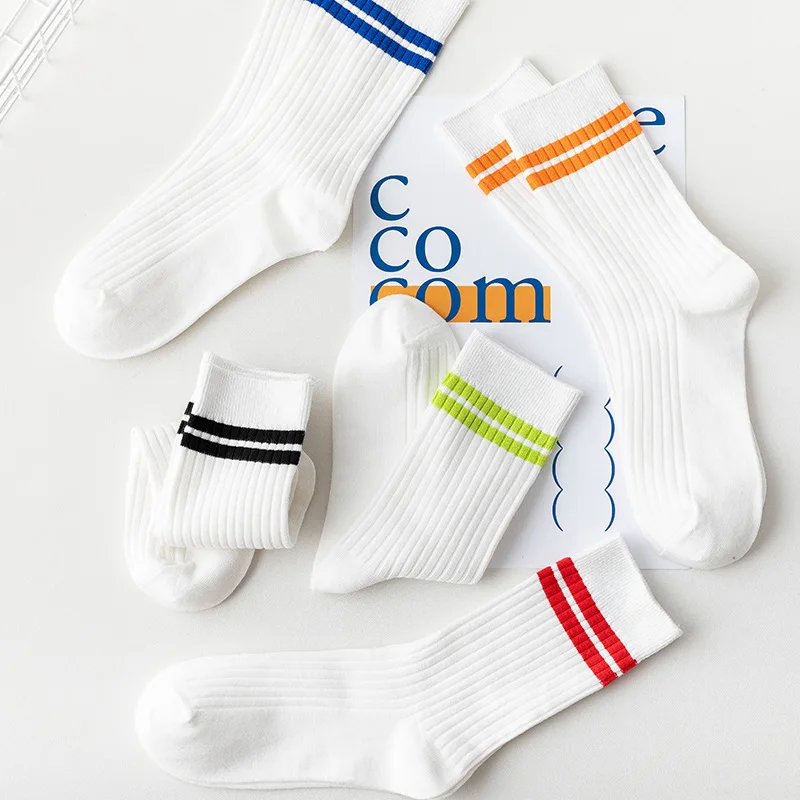 White Socks Women Fashion Striped Sport Socks Soft Breathable Solid Color High School Students Cotton Long Socks