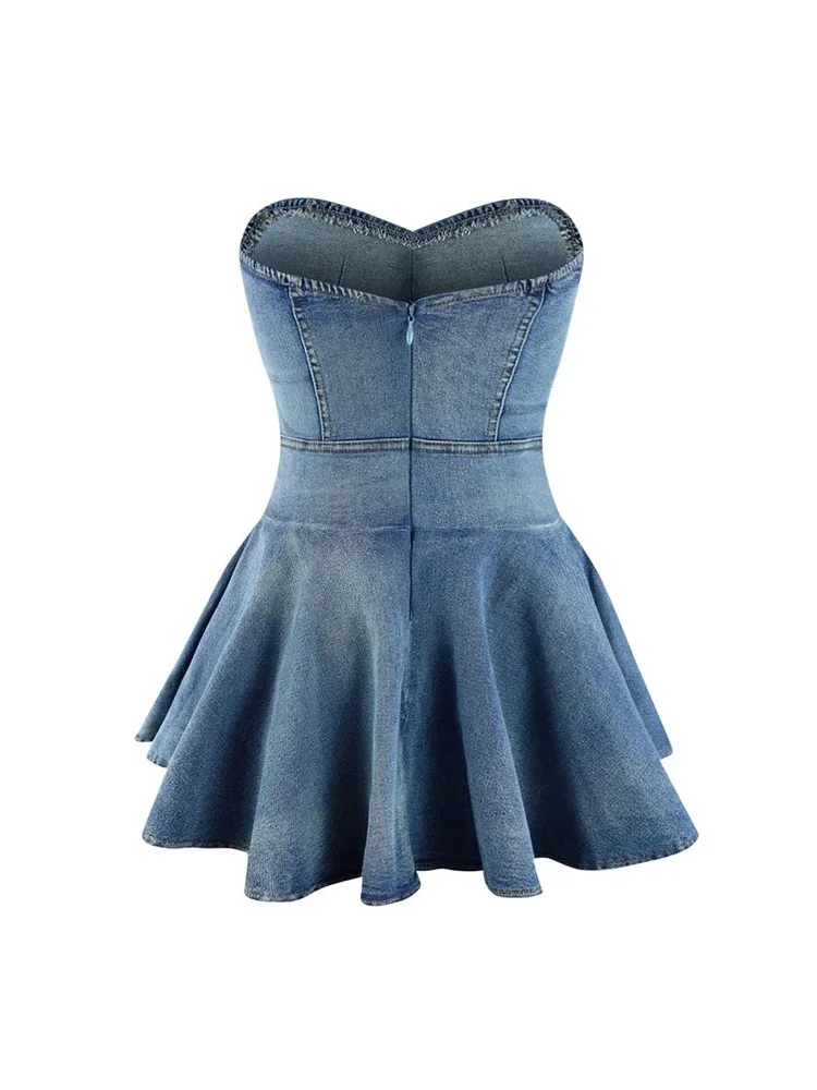 Benuynffy Sexy Tube Backless Denim Dress Women Summer Streetwear Party Sleeveless Ruffle Hem Slim Mini Dress Fashion Vestidos