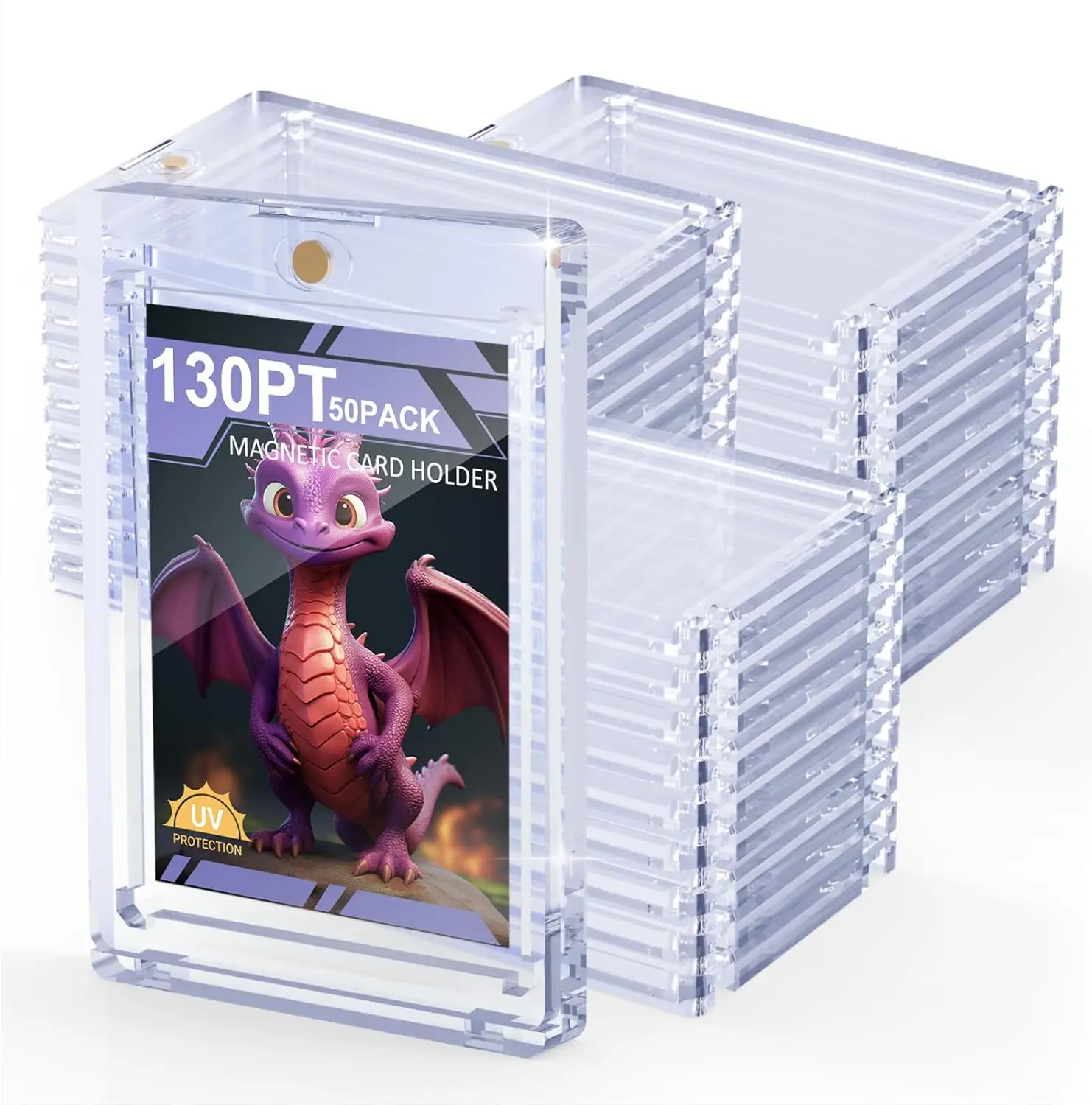 

130PT 50 Pack Magnetic Card Holder for Trading Cards, U-V Protector Baseball Card Hard Plastic Cover for Football Sports Game