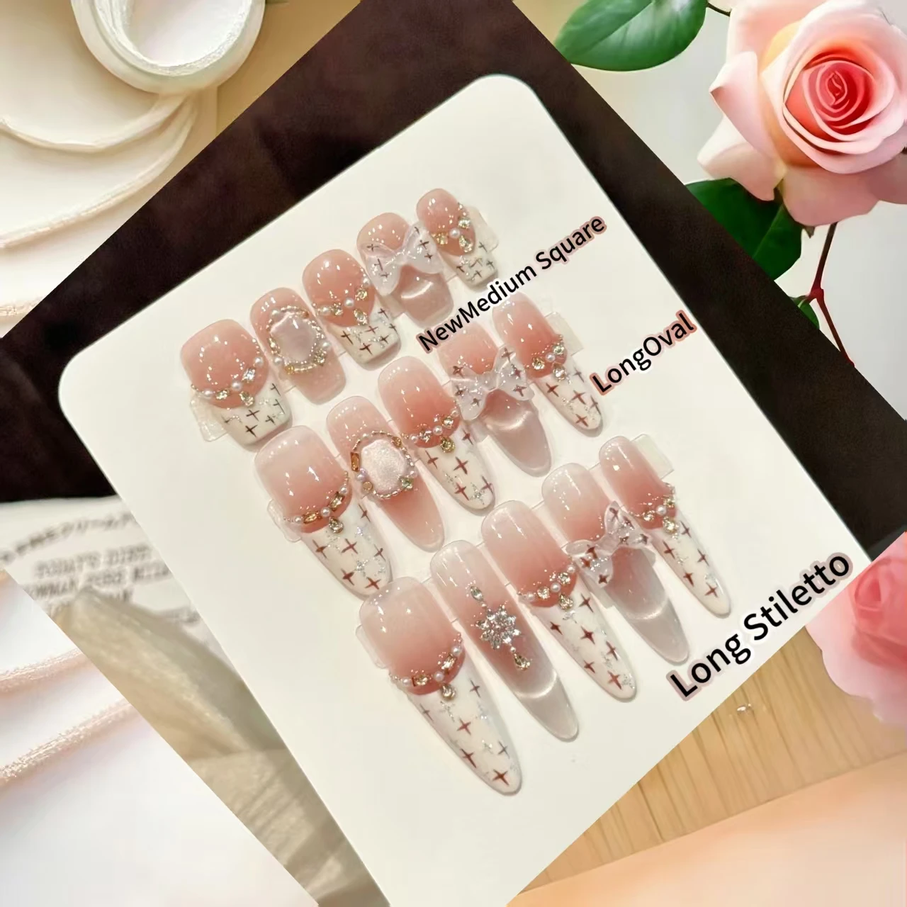 

10 шт. [Кремовый шик] Элегантный белый французский кошачий глаз с бантиком (нажимные ногти ручной работы) с инструментами из 4 шт. Прочные клейкие вкладки для ногтей