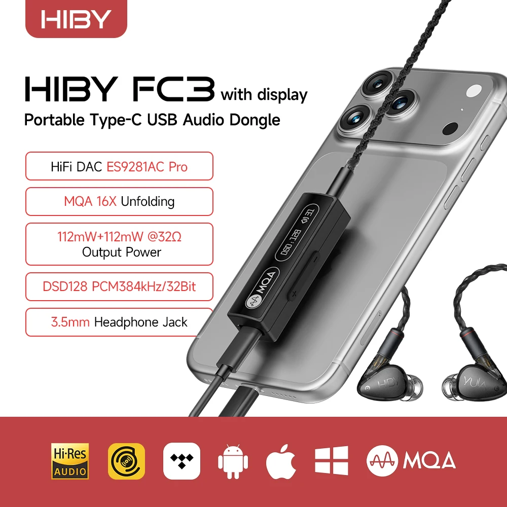 HiBy FC3 MQA Dongle Type C to 3.5mm 112mW Output USB DAC Audio HiFi Decoder Headphone AMP PCM384 DSD128 for Android iOS Win10