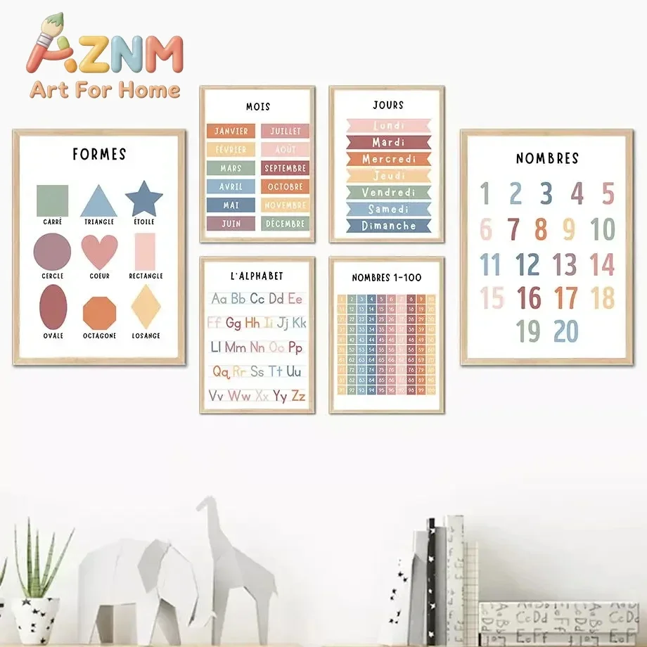 AZNM French Educational Canvas Poster Alphabet Numbers Shapes Months Days Learning Chart Wall Art Nursery Kids Room Decor Unfram