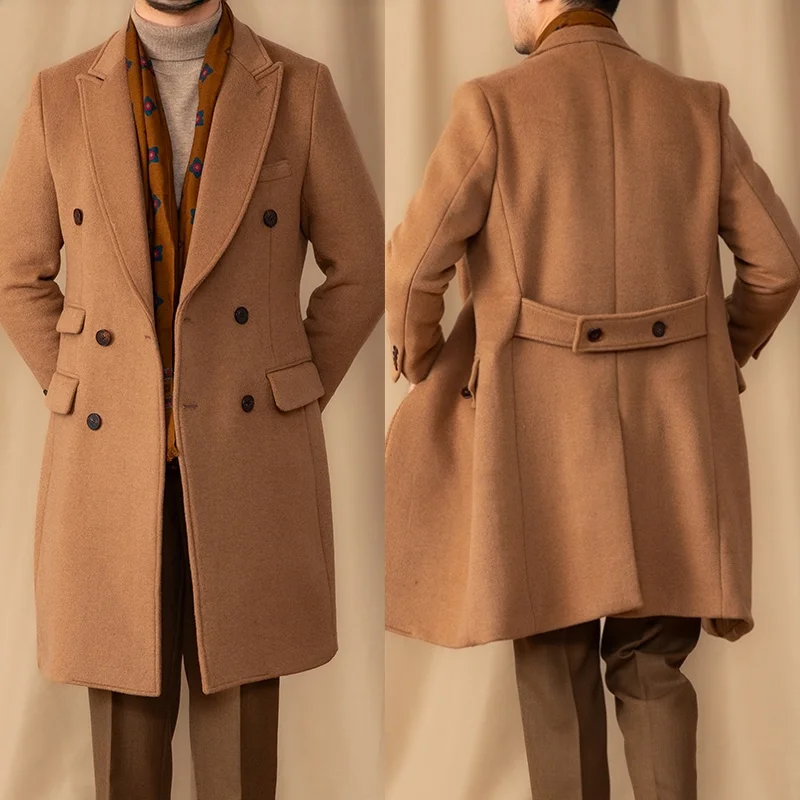 メンズ トレンド ダブルブレスト ウール混紡コート ブラック/ブラウン カスタム ミドル丈 スリムフィット 冬用 暖かい フォーマル ビジネス カジュアル オーバーコート