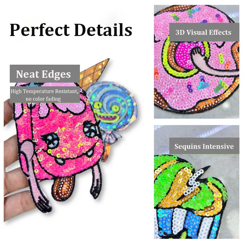 5PCS/Set Embroidered Sequins Donut Ice Cream Patch Cute Iron On Patch for Clothing Jeans Jacket Decoration