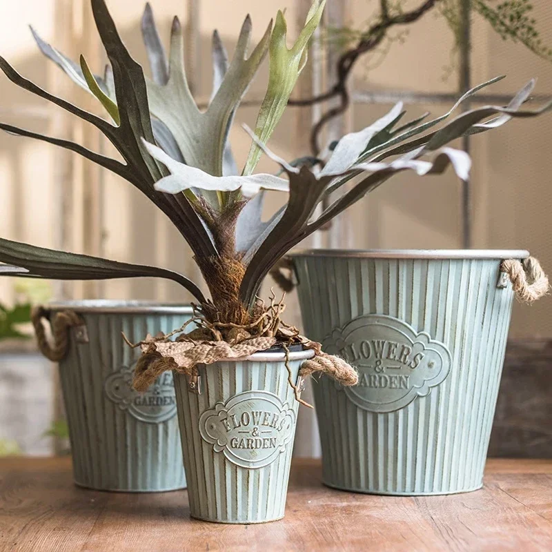 European Style Blue Flower Pot Dry Basket Decoration Vintage Iron Vase Office Decor Succulents Pots Garden Floor Plant Pots