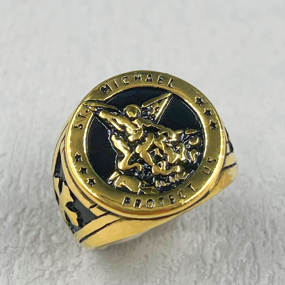 316L Stainless Steel Archangel Saint Michael Exorcism gold color Mens Ring Punk Amulet for Male friend Jewelry Creativity Gift 