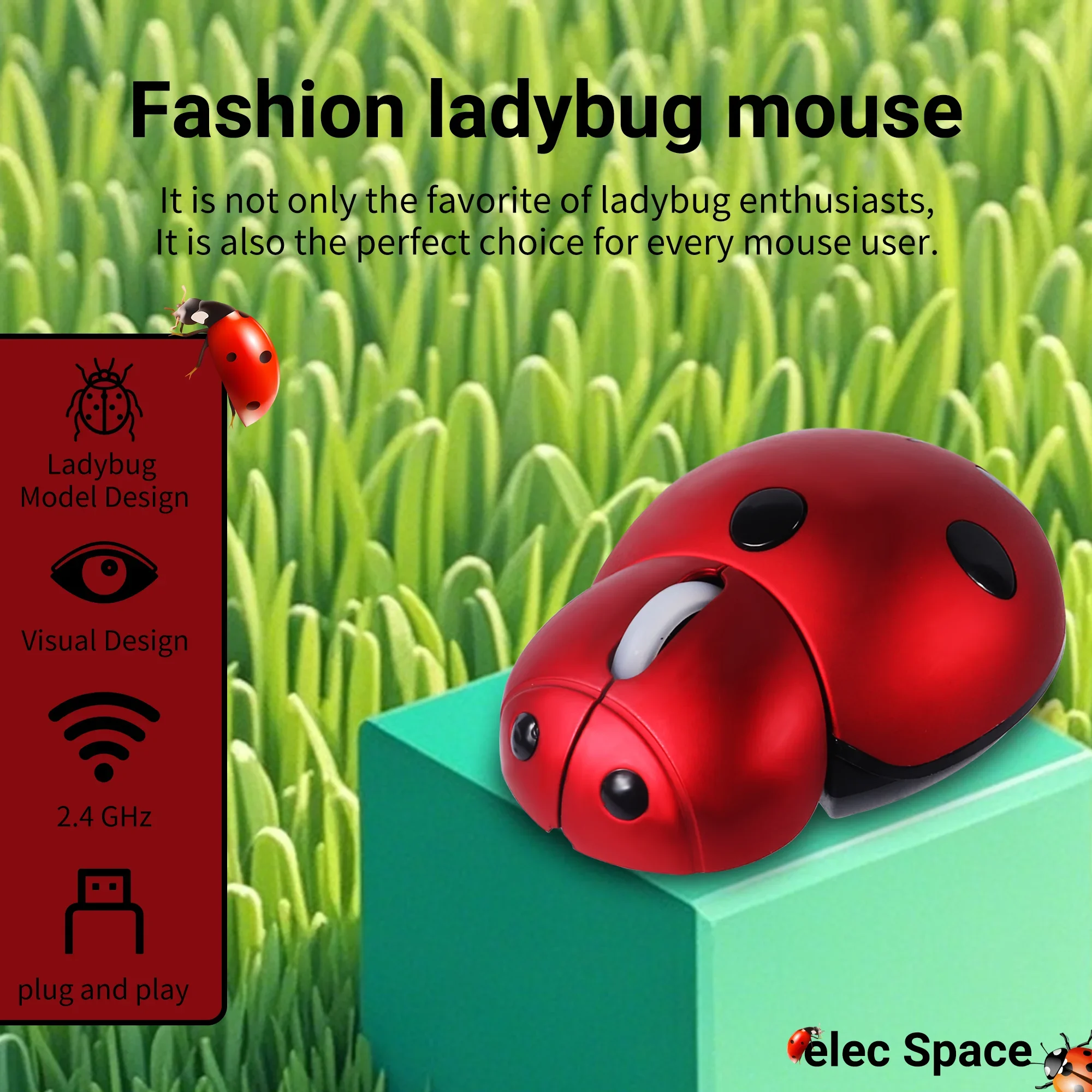 Cute Ladybug Shaped Wireless Office Mouse 2.4G Plug and Play Portable Mini Mouse for PC Laptop