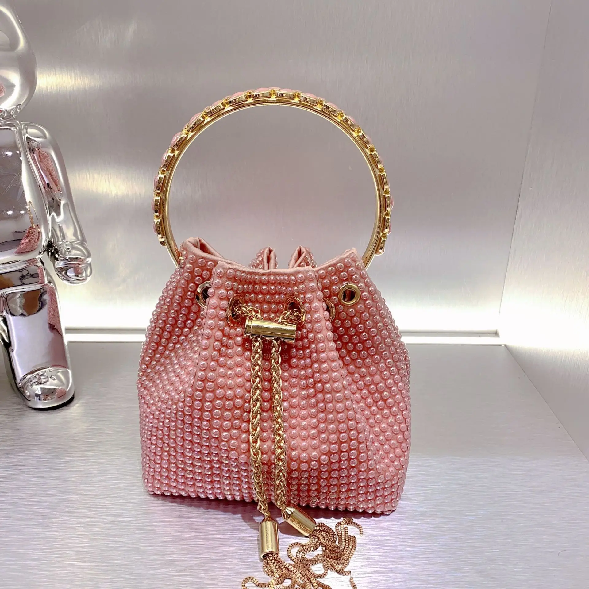 2024 New Handbag Handmade Diamond Ceramic Beads Bucket Bag Metal Sequined Tassel Shiny Candy Color Portable Messenger Bag Women