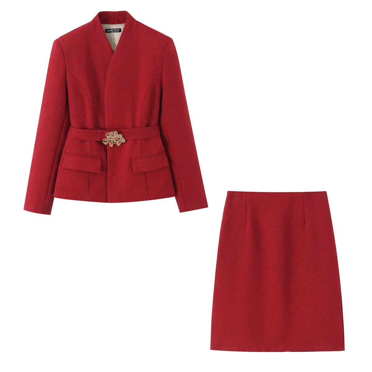 European and American style 2026 spring new women's clothing irregular belt buckle herringbone diagonal suit skirt set