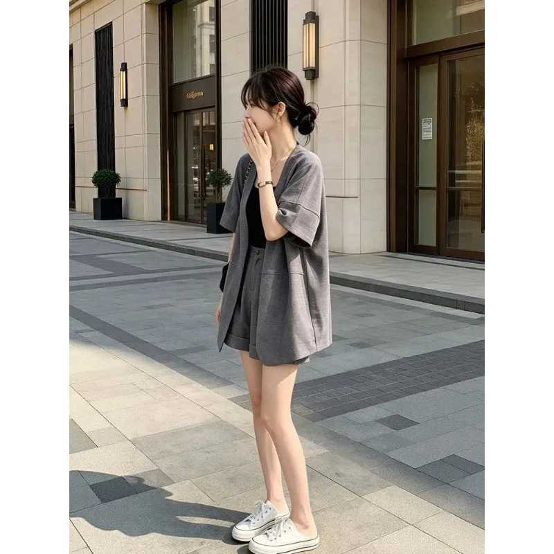 Women Summer Two Piece Outfit Short Sleeve Blazer & Wide Leg Shorts Gray Casual Suit Set