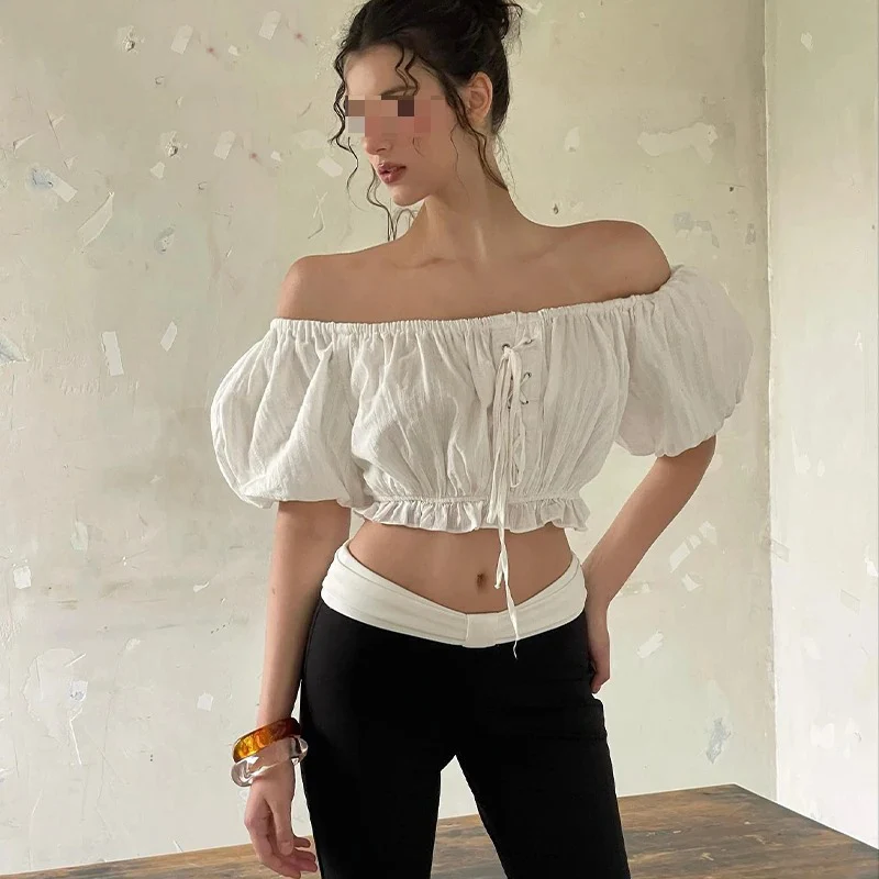 French Sexy Slash Neck Short Shirts Women Sweet Puff Sleeve Folds Slim Fit Tops Simple Versatile Spicy Girl Y2k Blouse
