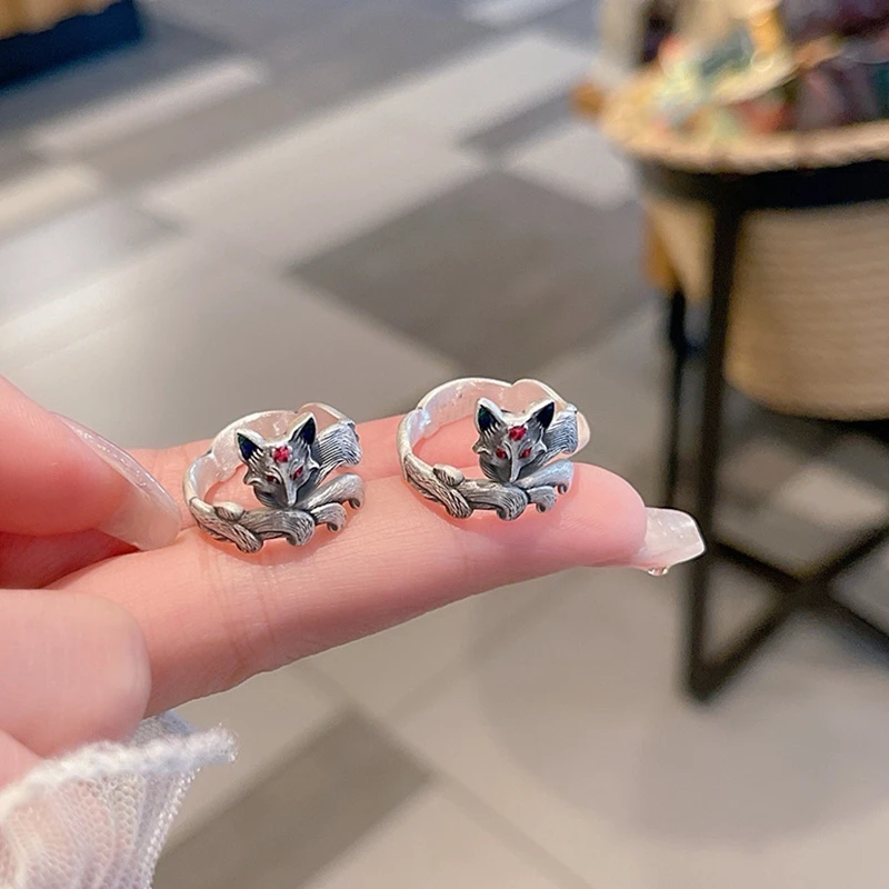 Vintage Nine-tailed Fairy Fox Opening Ring for Women Girls Silver Color Metal Enamel Finger Rings Elegent Party Jewelry Gifts