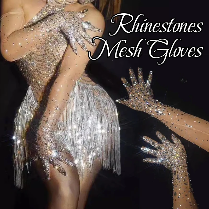

Luxurious Rhinestone Gloves Women Sparkling Crystal Mesh Long Perspective Gloves Dancer Singer Stage Performance Accessories