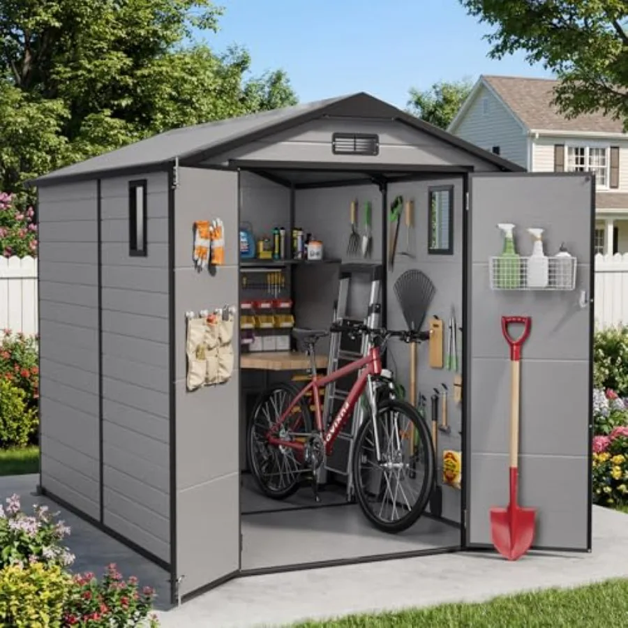 Feet Plastic Shed with Floor, Storage Shed with Ddrain Groove for Backyard