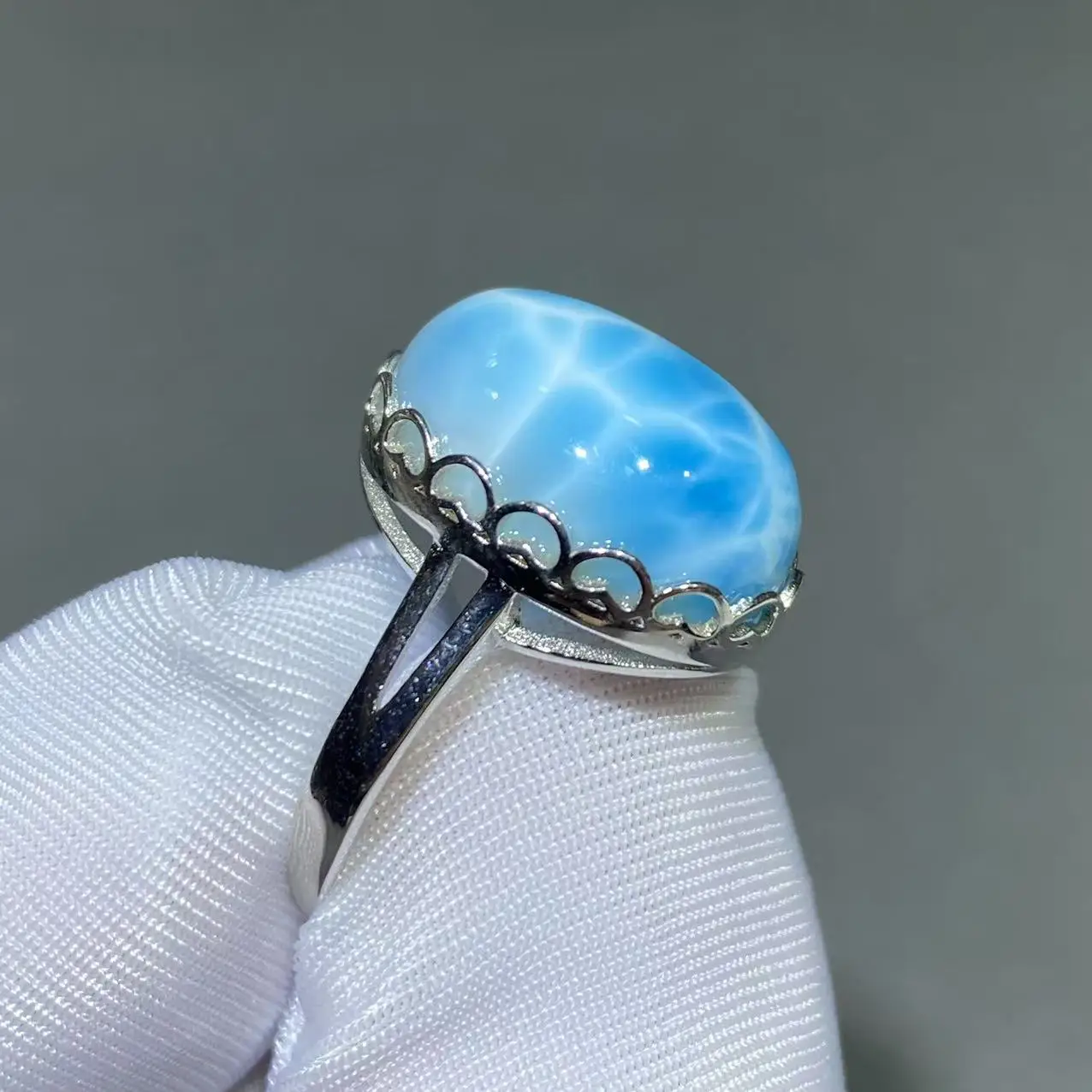 

Natural Blue Larimar Adjustable Ring Jewelry Dominia Larimar Oval Bead Water Pattern 925 Sterling Silver Fshion AAAAAA