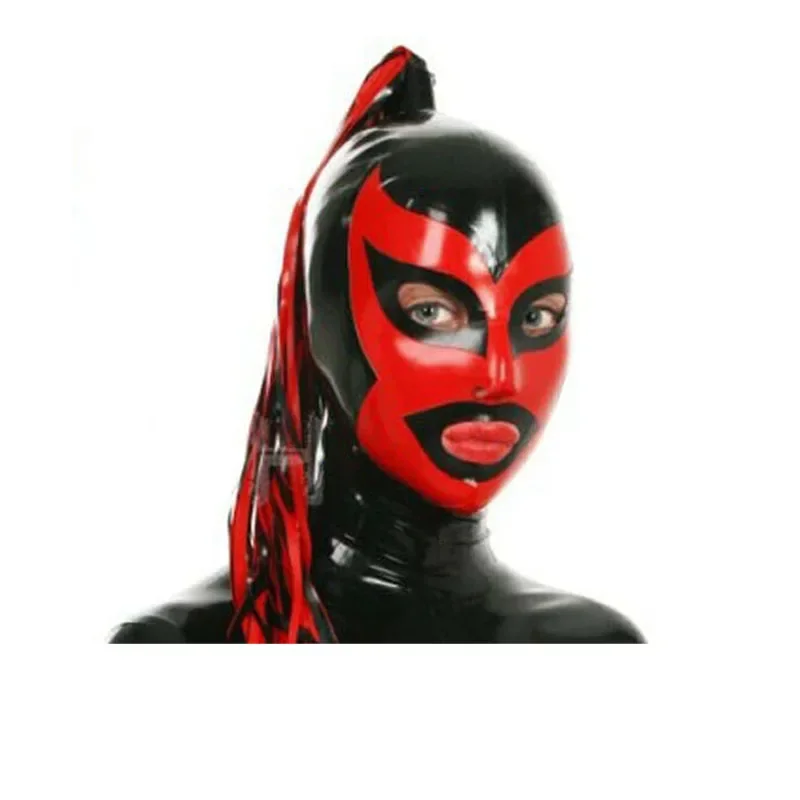 

Latex Hood Back Zipper Rubber Mask Black with Red with Wig Cosplay Halloween Costumes for Men Women