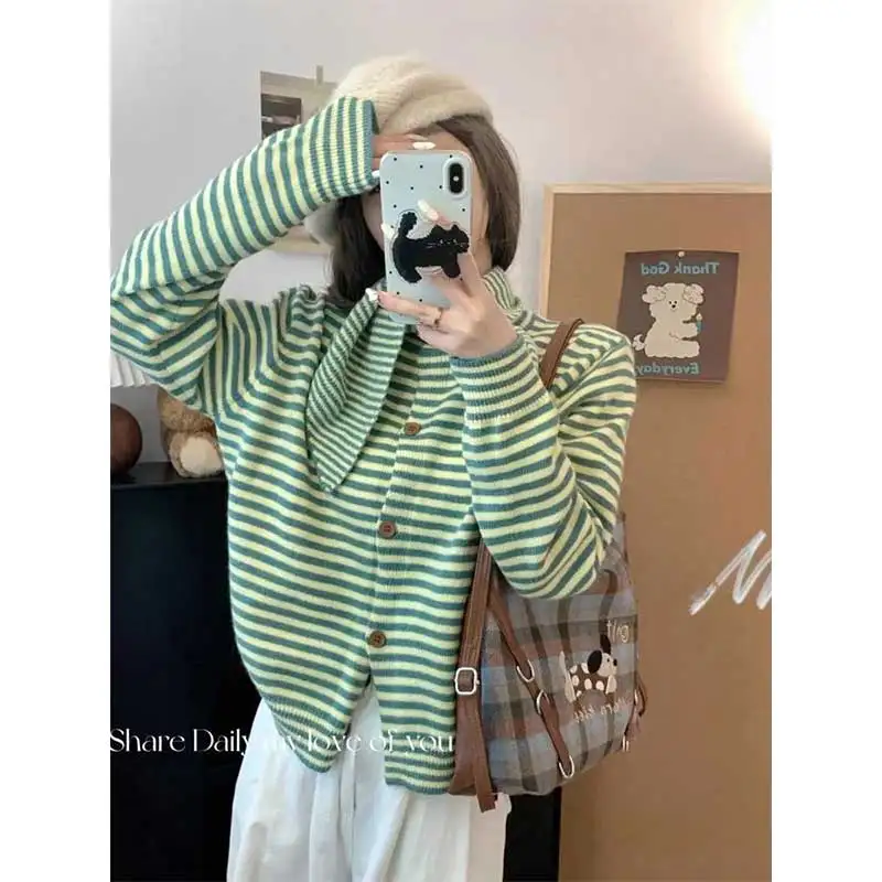 

Женская одежда, осенне-зимняя модная повседневная вязаная пуговица в полоску, женский универсальный темпераментный тонкий свитер, кардиган Co