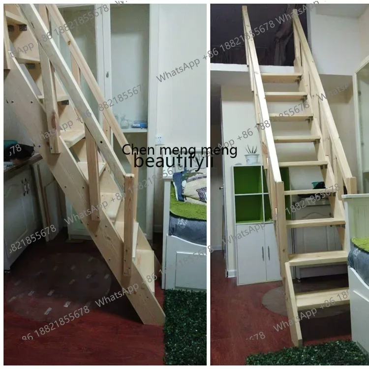 scn8617 Solid Wood Loft Stairs Household Duplex Ladder with Armrest Pine Wooden Simple Climbing Straight Ladder