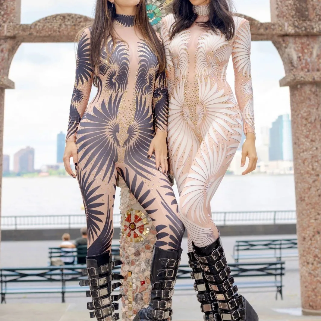 مثير الطباعة الرقمية الماس بذلة جاهزة طويلة الأكمام حزب ملهى ليلي الملابس اليدوية تأثيري حلي #3
