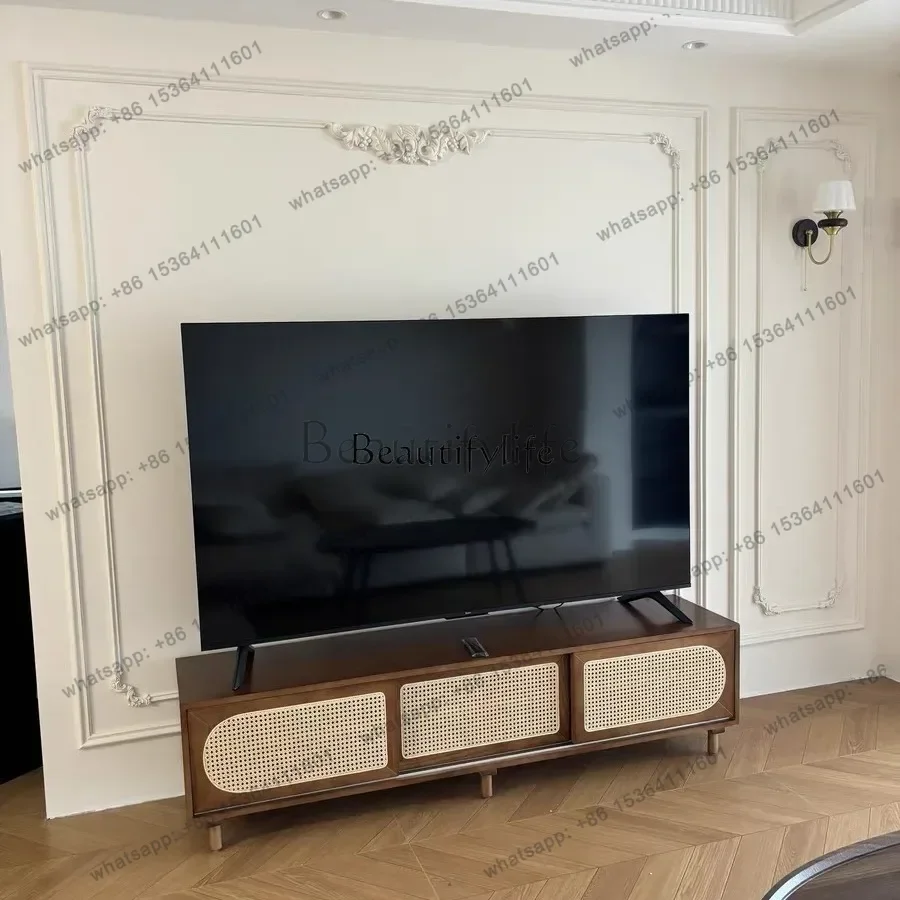 FG Best Seller  Retro Silent Wind Rattan Solid Wood TV Cabinet Small Apartment Storage Cabinet