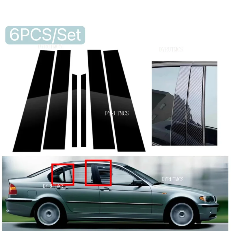 

Fit For BMW E46 4-door sedan1998-2005 Gloss Black Pillar Posts Silver Carbon Window Decor Door Side Mouliding Trim Cover