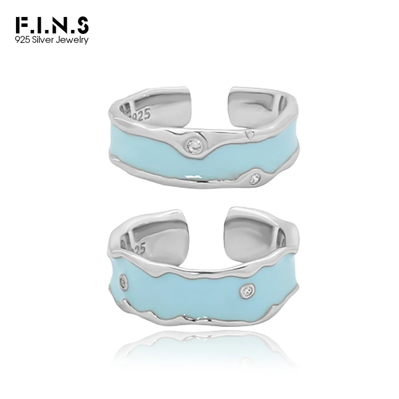 F.I.N.S Original Irregular Blue Drop Glaze Zircon S925 Sterling Silver Ring Texture Enameled Wed Couple Fashion Finger Jewelry