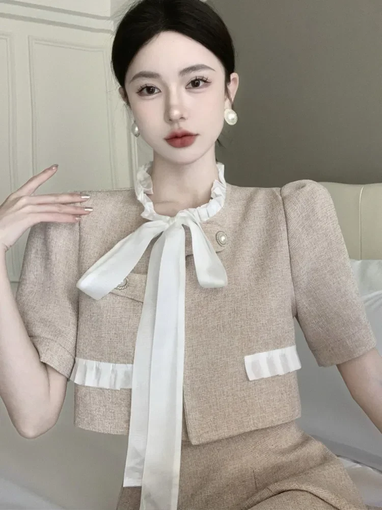 NMZM2023 Summer Two Piece Women's Short Top+Pleated Long Skirt Set Two Piece Women's Dress Set