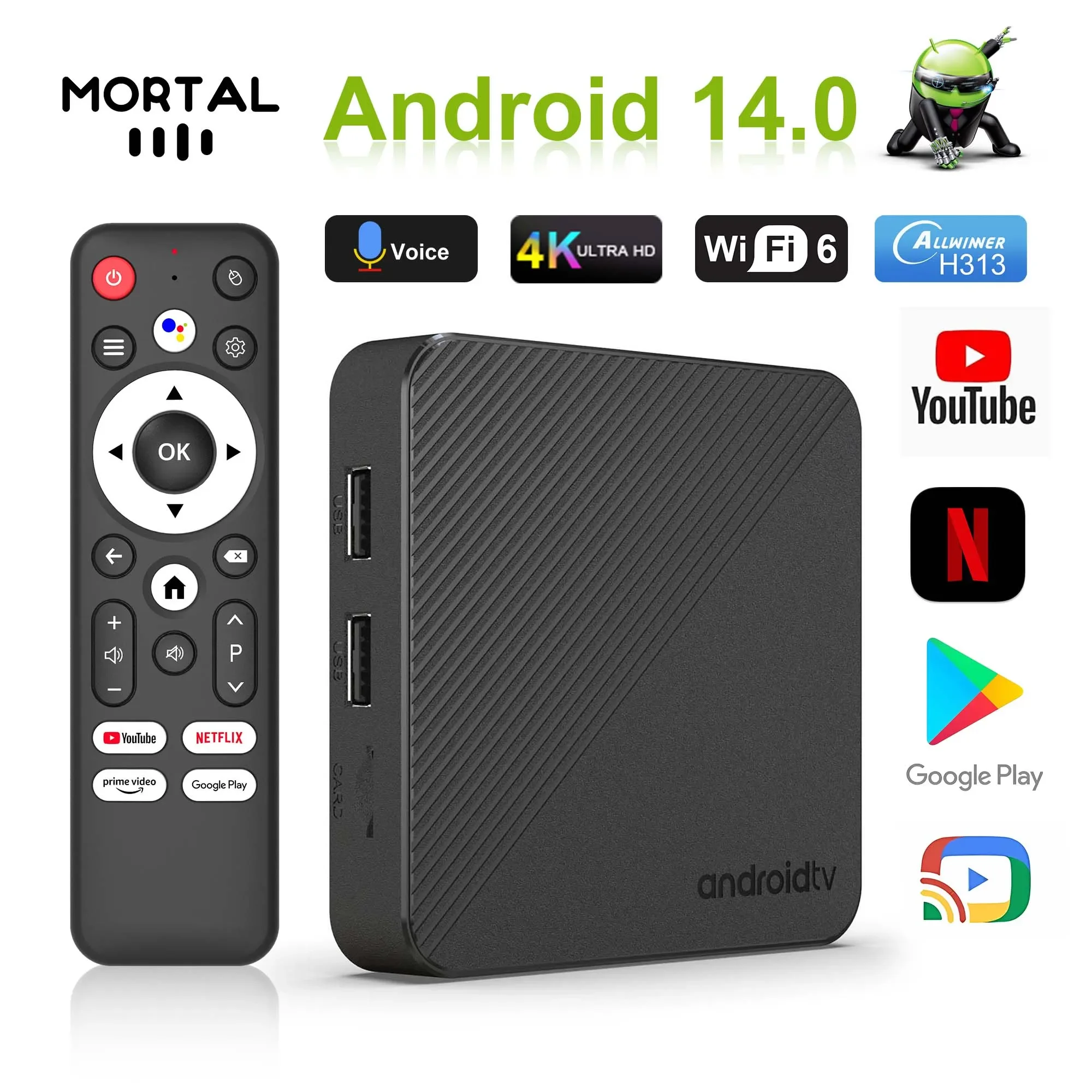 Global HOT Mortal T1s ATV Android13 TV Box AllwinnerH313 Support Google Voice Control 2.4G5.8GWiFi 4K BT5.0 Chromecast Televisor