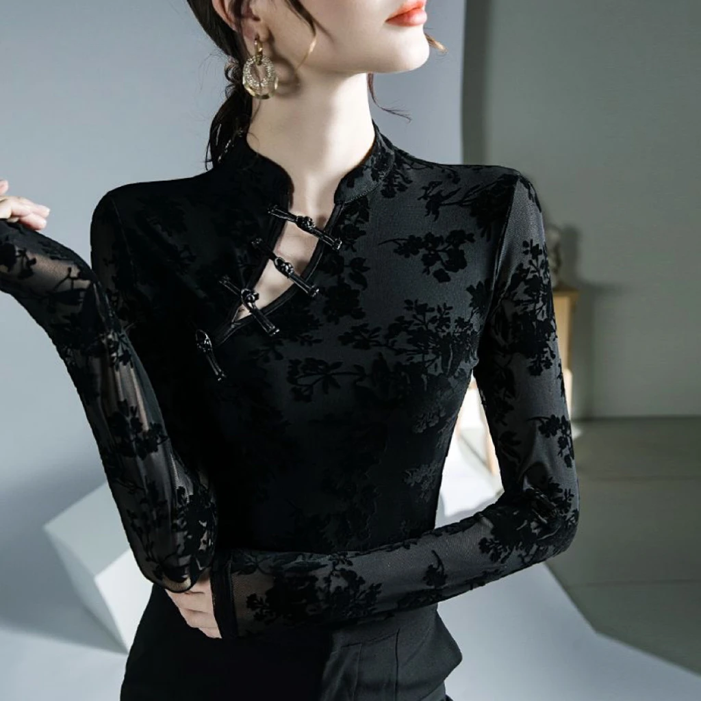 

2023 Women Chinese Vintage Base Shirt Sexy Lace Top National Ethnic Velvet Shirt Oriental Retro Tang Suit Traditional OL Shirt