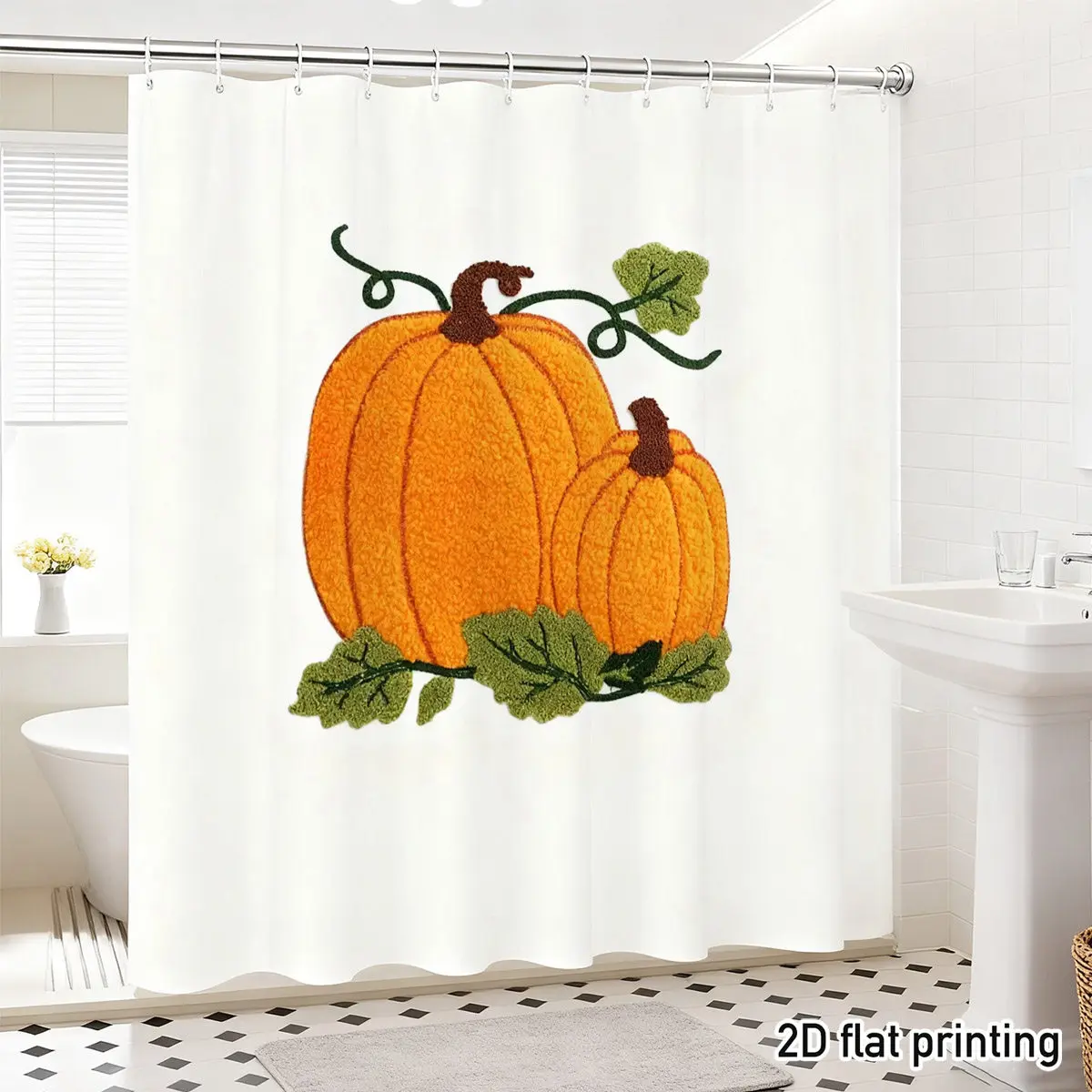 Pumpkin Shower Curtain – Orange Gourds with Green Vines, 2D Flat Print, Fade-Resistant Polyester, 12 Hooks, 70.8