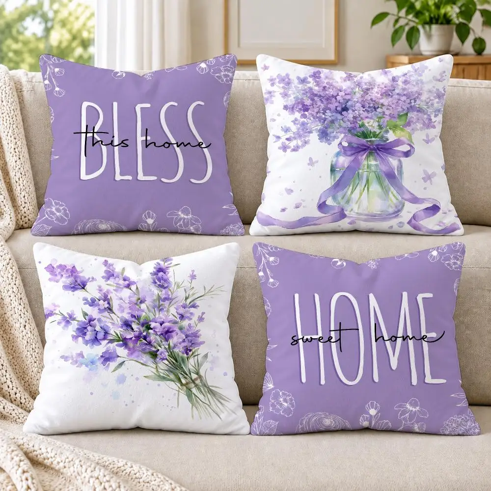 4PC Purple Sweet Home Script Cushion Cover Soft Plush Double-Sided Print Throw Pillow Cover Home Decor for Sofa Living Room