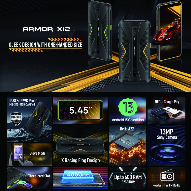 Ulefone Armor X12، Android 13، ما يصل إلى 6 جيجابايت (3 جيجابايت + 3 جيجابايت) ذاكرة الوصول العشوائي 32 جيجابايت، 4860 مللي أمبير، 13 ميجابكسل 5.45 بوصة 4 جيجا NFC، الإصدار العالمي