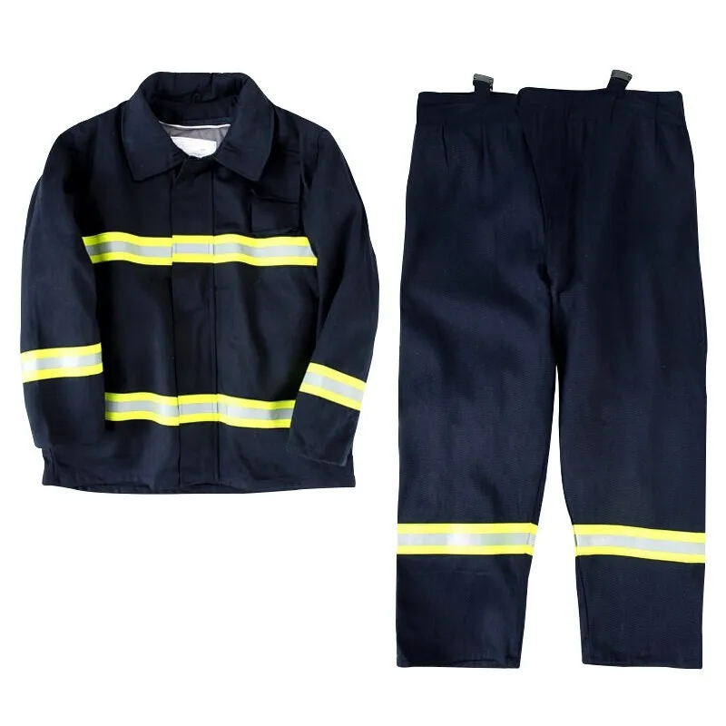 02 Roupas de combate a incêndio Roupas de proteção contra incêndio Roupas de combate Mini Estação de bombeiros Roupas retardadoras de chamas Conjunto de 5 peças