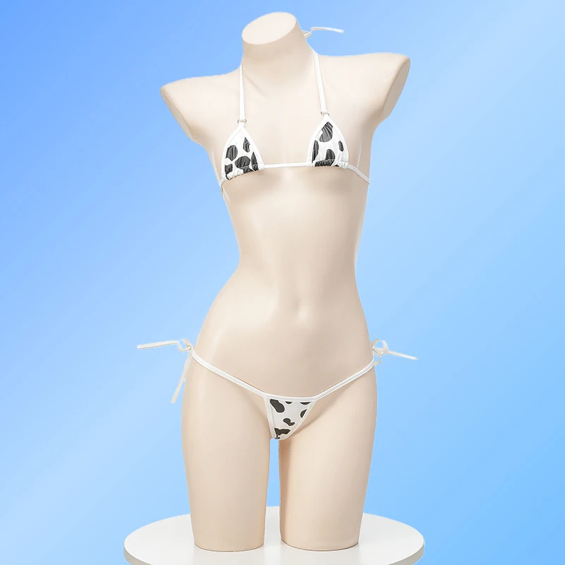 GENMHS-Ensembles de bikini en cuir PU imprimé vache à lait pour femmes, soutiens-gorge licou sexy, mini sous-vêtements animés, culotte cosplay