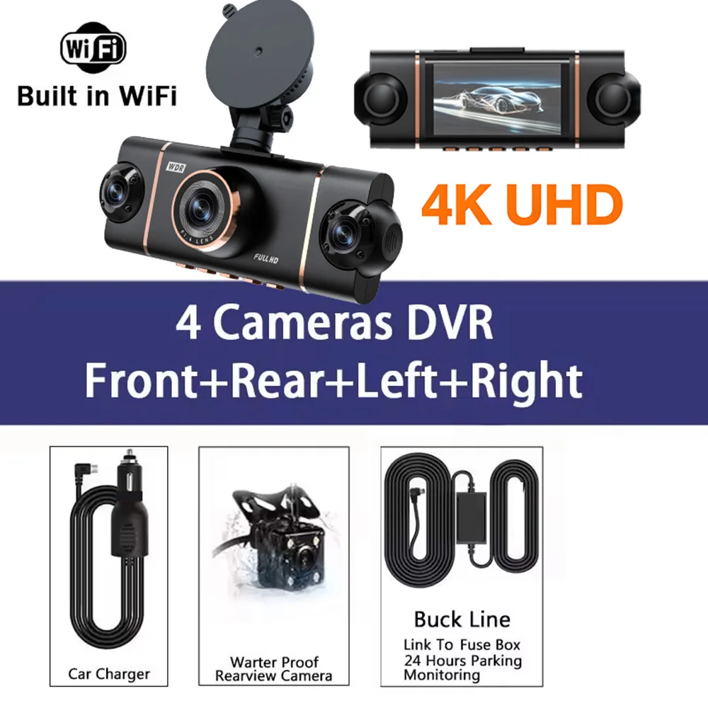 Nieuwe 4K 1080P auto DVR 360 °   Auto Dashcam 4-kanaals WIFI APP Video Recorder Voor- en Achteruitrijcamera Nachtzicht Zwarte Doos Autoaccessoires