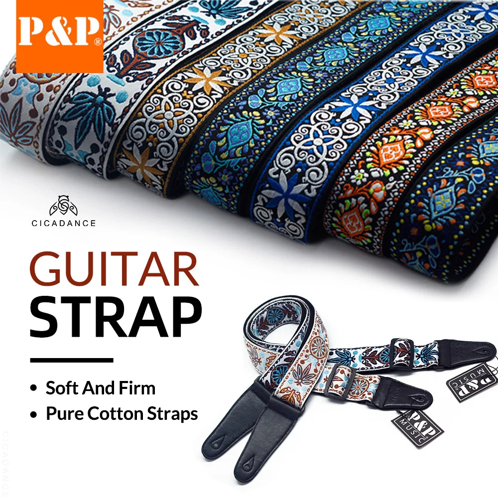 Adjustable Guitar Strap Embroidered Vintage Ethnic Style Acoustic Electric Guitar Bass Ukulele Shoulder Belt Music Accessories