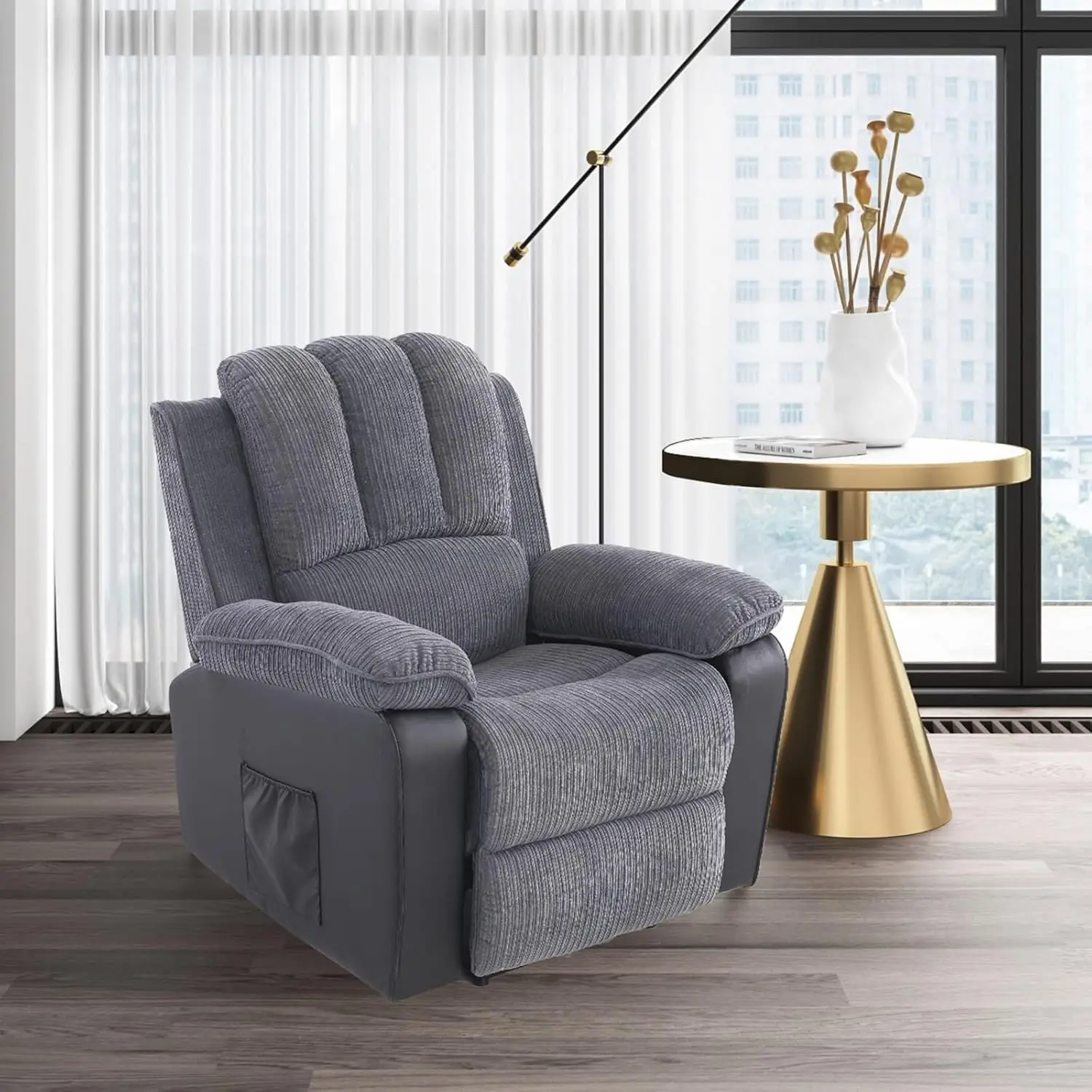 

Grey Corduroy + PU Ergonomic Electric Flat Sofa with 8-Point Massage and Heating Function, Thickened Armrests and, Custom