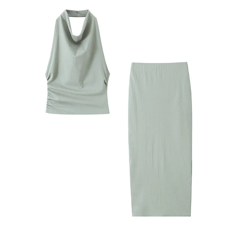 

KUCLUT Spring New Product Women's Fashion Style Slim Fit Hanging Neck Open Back Top Elastic High Waist Skirt Set