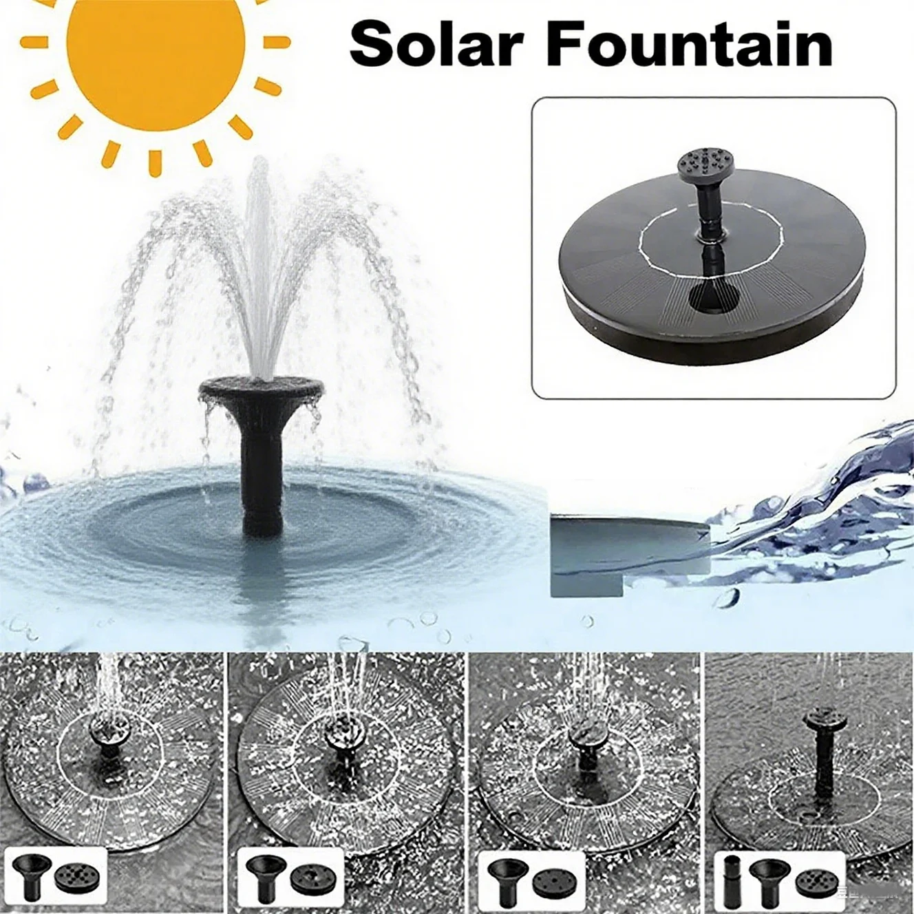 

Солнечные фонтанные насосы размером 13 см, 16 см, 18 см идеально подходят для садовых прудов, ванн для птиц на открытом воздухе, зоны бассейна. Плавающий дизайн с 8 насадками