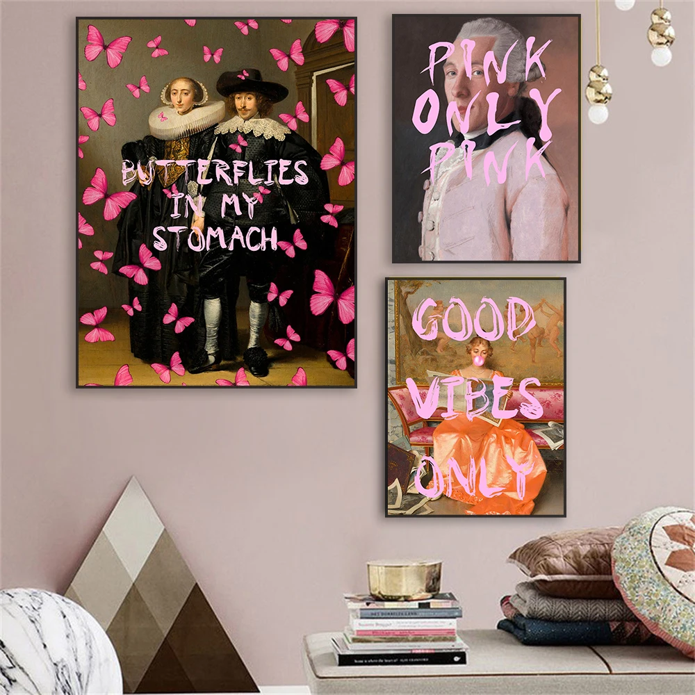 Neon Rainbow Quote Good Luck Print Funny Vintage Altered Portrait Poster Butterflies In My Stomach Canvas Painting Room Decor