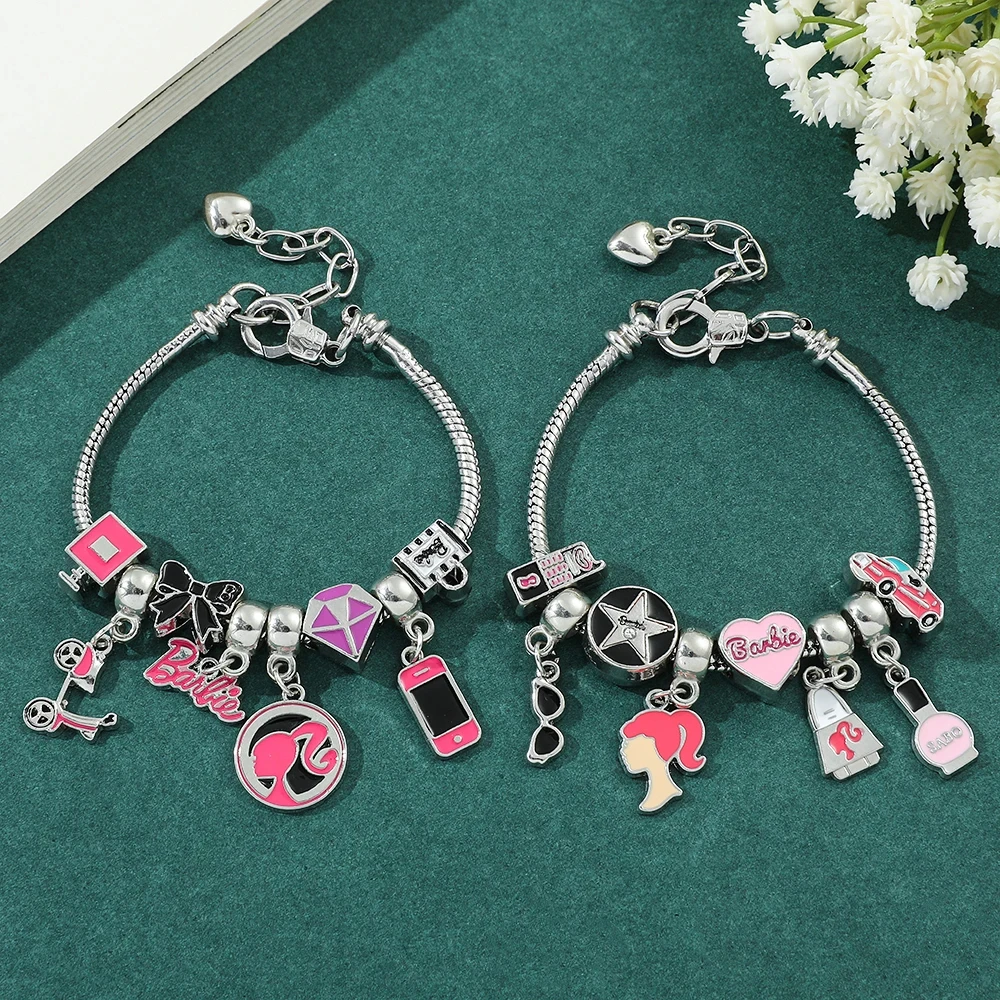 Barbie Colorful Bracelet Pretty Sweet Animation Cartoon Character Barbie Jewelry DIY Love Heart Beads Charm Bangles Accessories