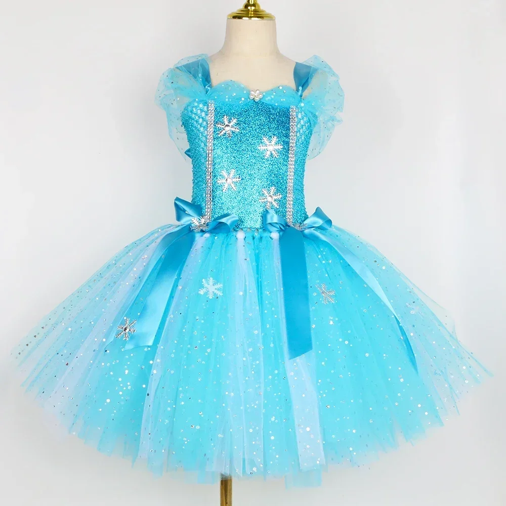 Blue Princess Costume for Girls Snowflake Glitter Tulle Tutu Dress Ball Gown Kids Halloween Christmas Birthday Party Dress Up