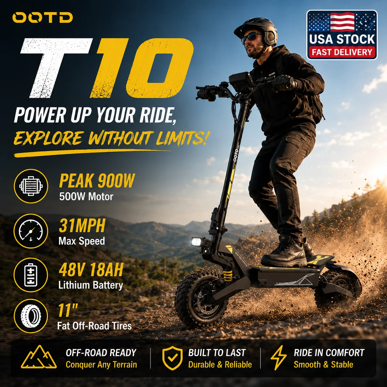 OOTD T10 Adult Electric Scooter,  500W Motor Peak 900W E Scooter , Top Speed 31 MPH, 48V 18AH Lithium Battery, 11-Inch Wide Off-Road Tires E-Scooter, Dual Disc Brakes, Front Suspension, Foldable Design Suitable For Commuting And Outdoor Adventure