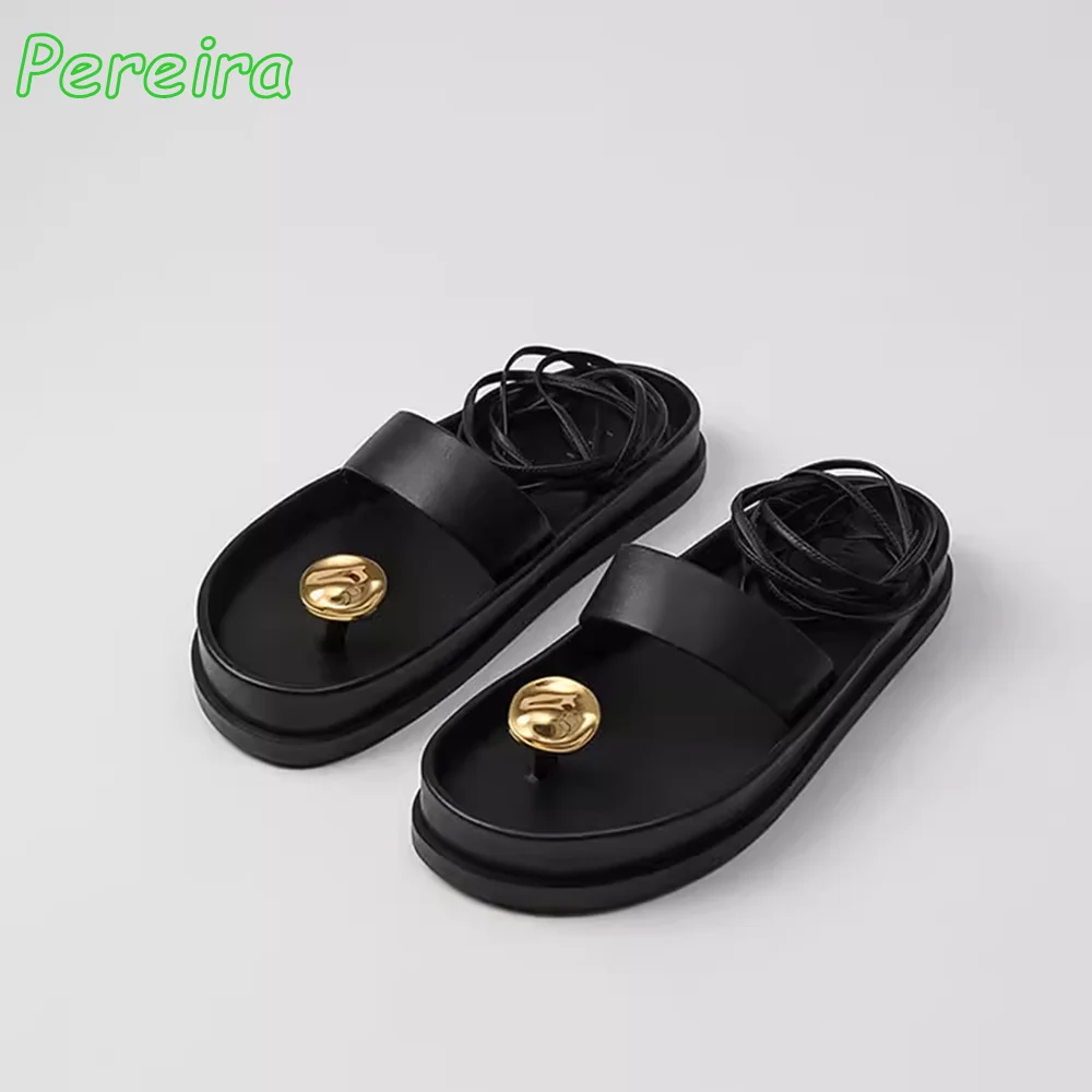 Fashion New Clip Toe Flat With Sandals Metal Ball Decor Lace-up Thick Sole Sexy Roman Women Shoes Beach Summer 2024 Black Solid