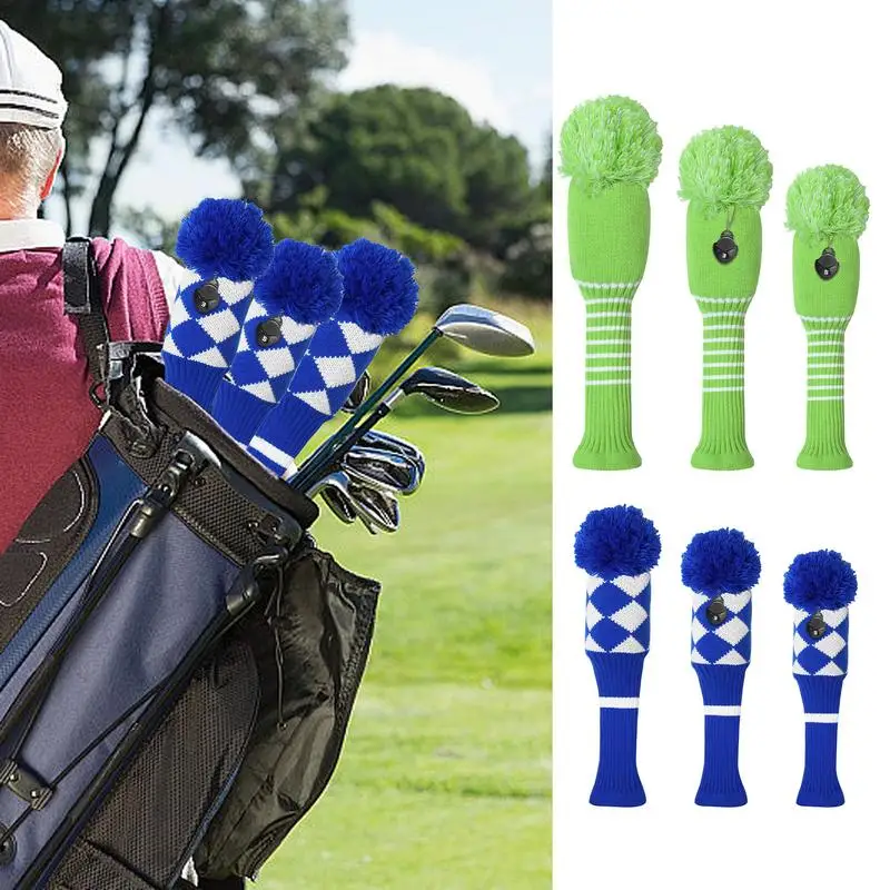 Knit Golf Head Covers Golf Headcover Set 3pcs Golf Head Covers Funny Golf Club Sock Covers For Men & Women Wooden Heads