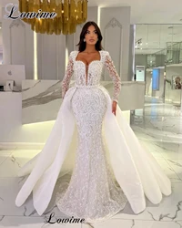 New Fashion White Celebrity Dresses With Detachable Train Elegant Pearls Evening Dresses Mermaid Robe Soirée Engagement Gowns