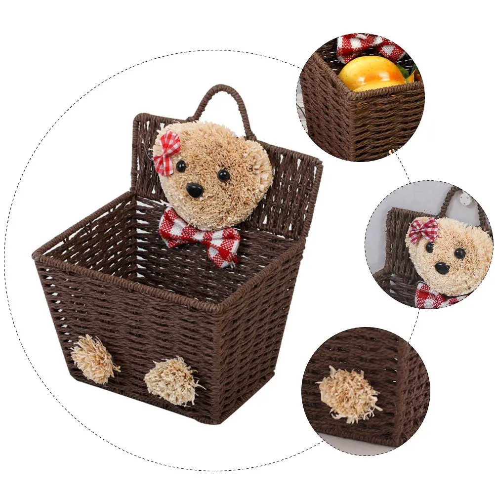 

Wicker Storage Basket Open Design Baskets with Cover Cartoon Bear Container Rope Cute