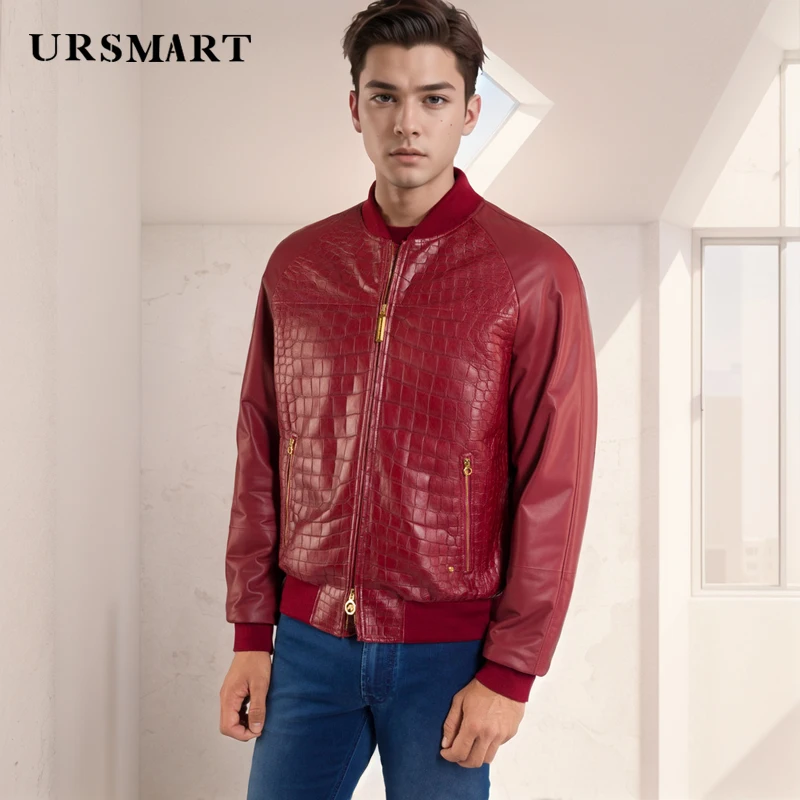 High quality Cowhide embossing wine red men's jacket 2024 new product autumn winter fashion custom size leather jacket for men