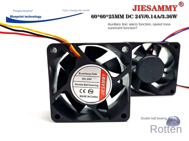 Jiesammy-Ventilateur de refroidissement à double boule avec alarme, fonction de mesure de vitesse, conversion morte, 24V, 0,14 A, 60x60x25mm, 6025, 6cm, nouveau