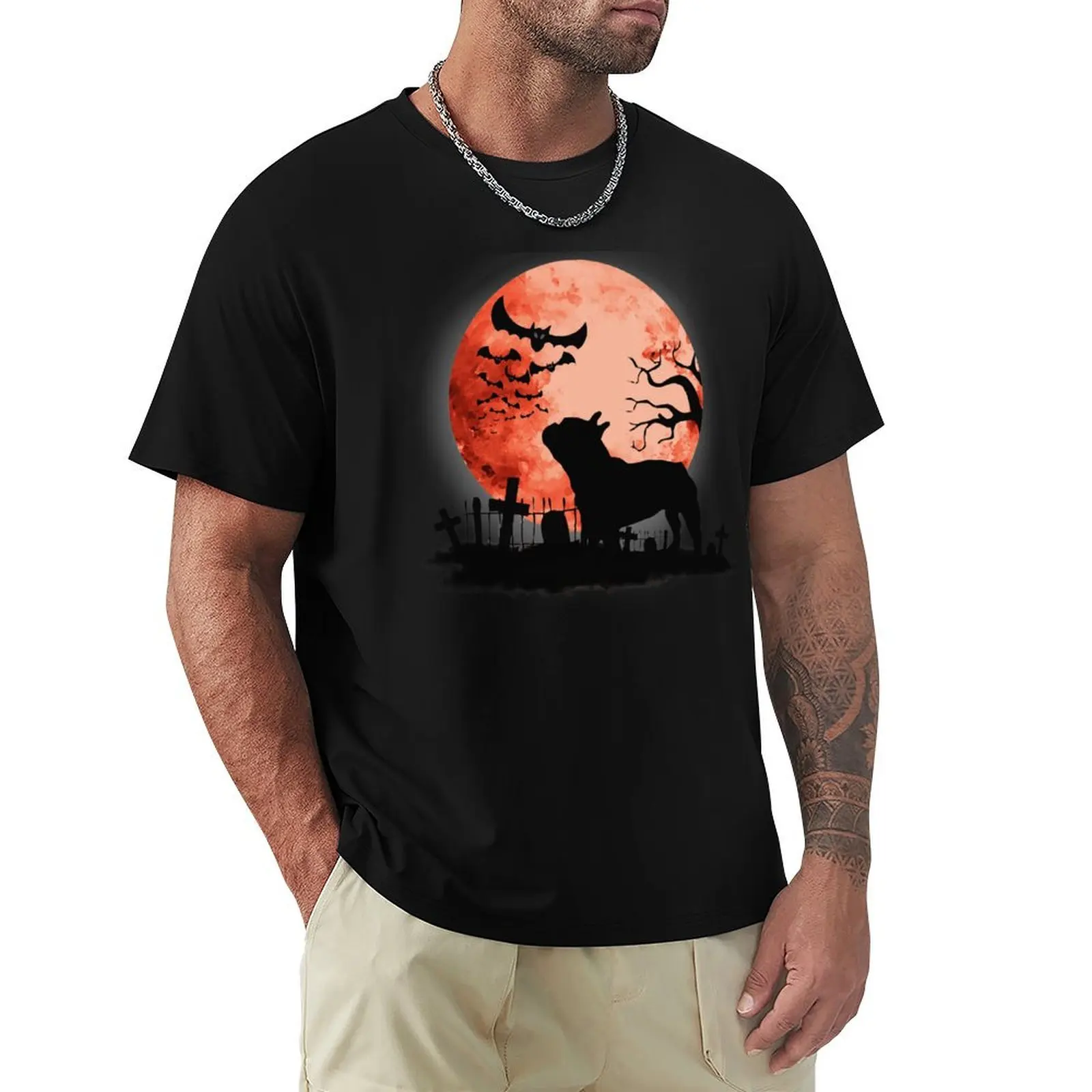 

French bulldog lovers, frenchie at blood moon, spooky, scary, cemetery T-Shirt Man t-shirt t shirt men 100℅ cotton